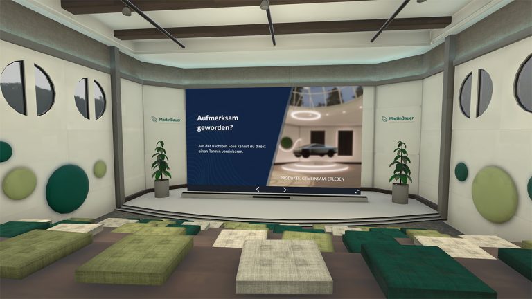 Screenshot aus der INVRTUAL Plattform für digitale Events, das das Auditorium für größere Präsentationen in gebrandeten Farben zeigt.