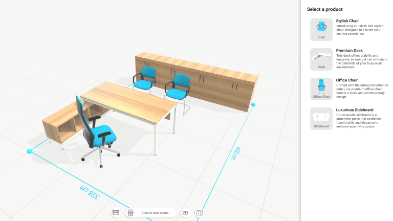 Produktpräsentation in Form des 3D-Planers von INVRTUAL das die Einrichtung eines kleinen Büros zeigt